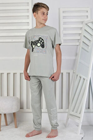 İSOB Gri Atary Desenli %100 Pamuk Kısa Kollu Erkek Çocuk Pijama Takımı 8-13 Yaş 41517-G