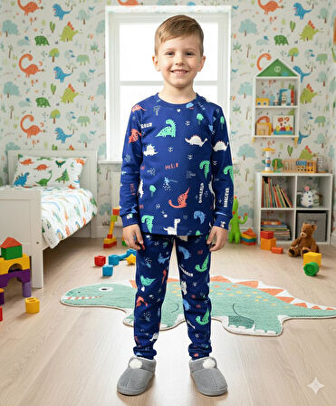 İSOB Lacivert Dinozor Desenli İnterlok %100 Pamuk Erkek Çocuk Pijama Takımı 3-13 Yaş 42002