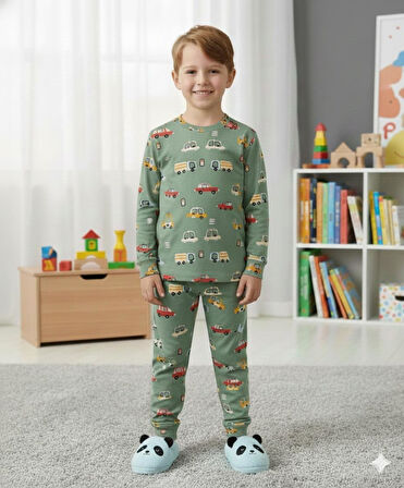 İSOB Yeşil Arabalar Desenli İnterlok %100 Pamuk Erkek Çocuk Pijama Takımı 3-13 Yaş 42003