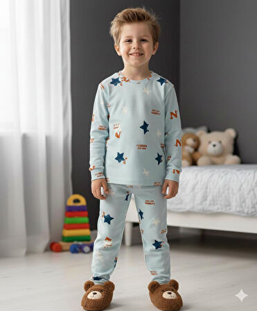 İSOB Maviş Yıldız Desenli İnterlok %100 Pamuk Erkek Çocuk Pijama Takımı 3-13 Yaş 42006