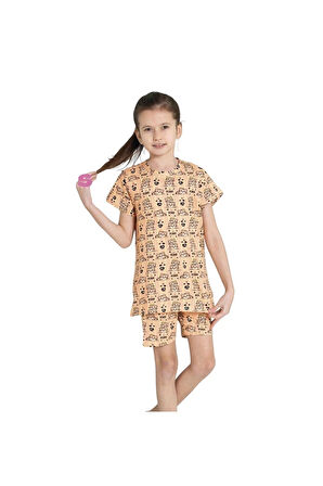 ELMKP Pudra Kedicik Desen Kız Çocuk Şortlu Pijama Takımı 3-10 Yaş 4208