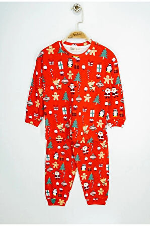 İSOB Kırmızı Yeni Yıl Desenli İnterlok %100 Pamuk Unisex Kız ve Erkek Çocuk Pijama Takımı 3-13 Yaş 4226-K