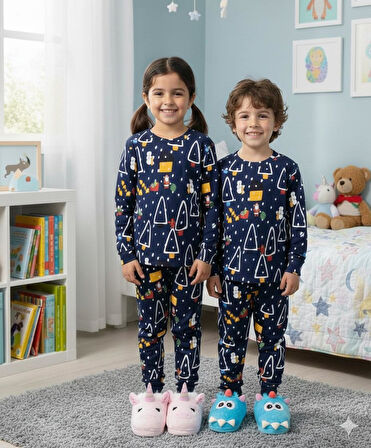 İSOB Lacivert Yeni Yıl Desenli İnterlok %100 Pamuk Unisex Kız ve Erkek Çocuk Pijama Takımı 3-13 Yaş 4226-L
