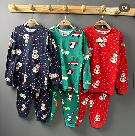 İSOB Lacivert Yeni Yıl Desenli %100 Pamuk Kız ve Erkek Çocuk Pijama Takımı 3-13 Yaş 42228-L