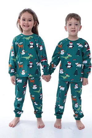 İSOB Yeşil Yeni Yıl Desenli %100 Pamuk Kız ve Erkek Çocuk Pijama Takımı 3-13 Yaş 42228-Y