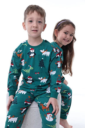 İSOB Yeşil Yeni Yıl Desenli %100 Pamuk Kız ve Erkek Çocuk Pijama Takımı 3-13 Yaş 42228-Y