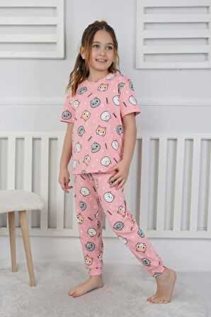 İSOB Pembe Kedicik Desenli %100 Pamuk Kız Çocuk Kısa Kollu Pijama Takımı 3-8 Yaş 441207-P