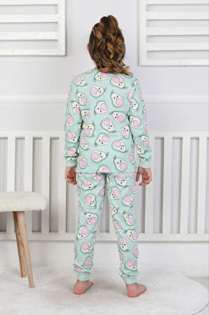 İSOB Yeşil Avakado Desenli %100 Pamuk Kız Çocuk Pijama Takımı 3-13 Yaş 51201-51402-Y