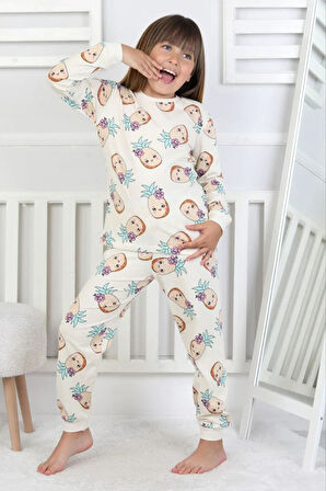 İSOB Ekru Ananas Desenli %100 Pamuk Kız Çocuk Pijama Takımı 3-13 Yaş 51204-51405-E