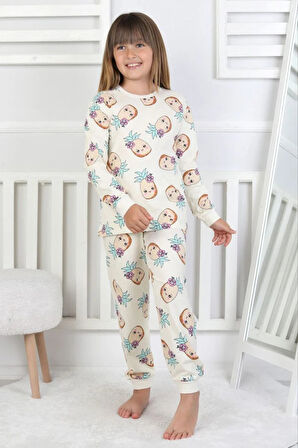 İSOB Ekru Ananas Desenli %100 Pamuk Kız Çocuk Pijama Takımı 3-13 Yaş 51204-51405-E