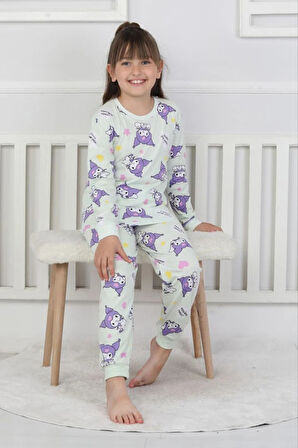 İSOB Ekru Kuromi Desenli %100 Pamuk Kız Çocuk Pijama Takımı 3-8 Yaş 51205-E