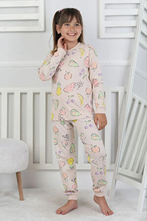 İSOB Ekru Meyve Desenli %100 Pamuk Kız Çocuk Pijama Takımı 3-8 Yaş 51206-E
