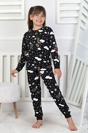 İSOB Siyah Gökkuşağı Desenli %100 Pamuk Kız Çocuk Pijama Takımı 3-8 Yaş 51207-S