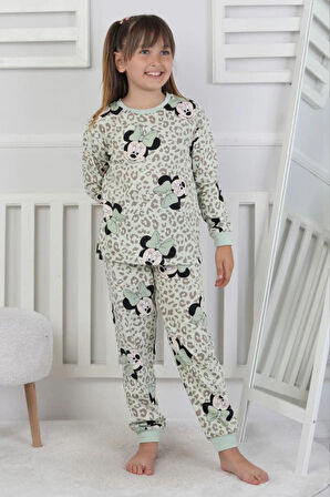 İSOB Yeşil Minnie Mause Desenli %100 Pamuk Kız Çocuk Pijama Takımı 3-8 Yaş 51208-Y