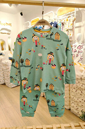 İSOB Yeşil Kız Desenli Fitilli Kumaş İnterlok %100 Pamuk Kız Çocuk Pijama Takımı 3-8 Yaş 51240