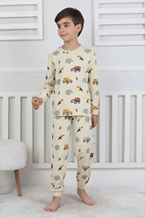 İSOB Bej Safari Desenli %100 Pamuk Erkek Çocuk Pijama Takımı 3-8 Yaş 51301-B