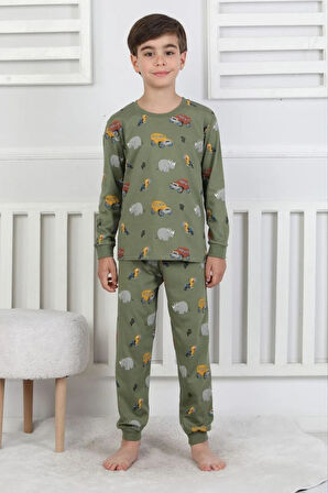 İSOB Yeşil Safari Desenli %100 Pamuk Erkek Çocuk Pijama Takımı 3-8 Yaş 51301-Y