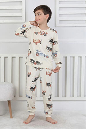 İSOB Bej Uçak Desenli %100 Pamuk Erkek Çocuk Pijama Takımı 3-8 Yaş 51303-B