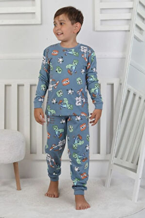 İSOB Mavi Minec Desenli %100 Pamuk Erkek Çocuk Pijama Takımı 3-8 Yaş 51305-M