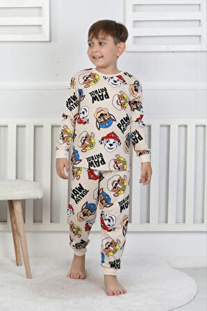 İSOB Bej Paw Petrol Desenli %100 Pamuk Erkek Çocuk Pijama Takımı 3-8 Yaş 51306-B