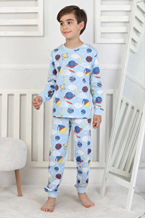 İSOB Mars Bulut Desenli %100 Pamuk Erkek Çocuk Pijama Takımı 3-8 Yaş 51309-M