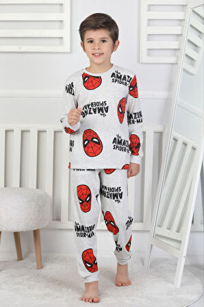 İSOB Gri Örm Adam Desenli %100 Pamuk Erkek Çocuk Pijama Takımı 3-8 Yaş 51310