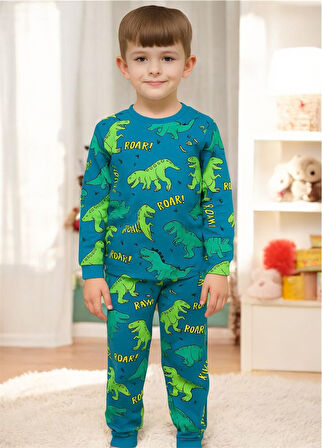 İSOB Dinozor Desenli %100 Pamuk Erkek Çocuk Pijama Takımı 8-13 Yaş 51321-51501