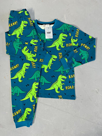 İSOB Dinozor Desenli %100 Pamuk Erkek Çocuk Pijama Takımı 8-13 Yaş 51321-51501