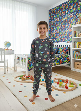 İSOB Minec Desenli İnterlok %100 Pamuk Erkek Çocuk Pijama Takımı 3-13 Yaş 51324