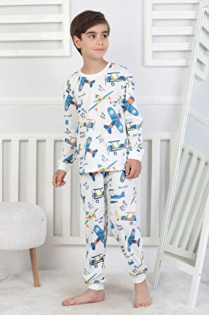 İSOB Ekru Uçak Desenli %100 Pamuk Erkek Çocuk Pijama Takımı 3-13 Yaş 51327-51515