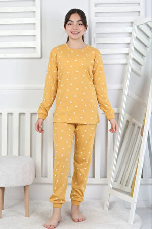 İSOB Sarı Çiçek Desenli %100 Pamuk Kız Çocuk Pijama Takımı 8-13 Yaş 51401-S