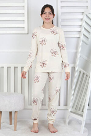 İSOB Ekru Kelebek Desenli %100 Pamuk Kız Çocuk Pijama Takımı 8-13 Yaş 51406-E