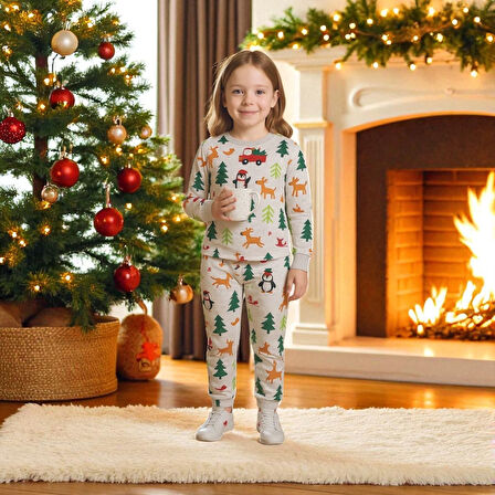 İSOB Gri Yeni Yıl Desenli %100 Pamuk Kız ve Erkek Çocuk Pijama Takımı 3-13 Yaş 51509