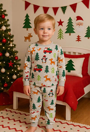 İSOB Gri Yeni Yıl Desenli %100 Pamuk Kız ve Erkek Çocuk Pijama Takımı 3-13 Yaş 51509