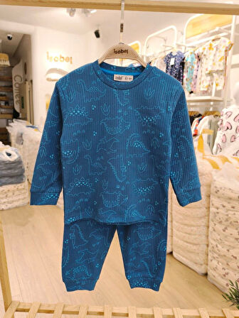 İSOB Dinozor Desenli Fitilli Kumaş İnterlok %100 Pamuk Erkek Çocuk Pijama Takımı 3-13 Yaş PJM-1-51528
