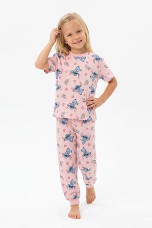 İSOB Pembe Stittcch Desenli %100 Pamuk Kız Çocuk Pijama Takımı 3-12 Yaş 91001-91201