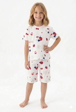 İSOB Hello Kitty Desenli %100 Pamuk Kız Çocuk Kısa Kollu Şortlu Takım 3-8 Yaş 9100122