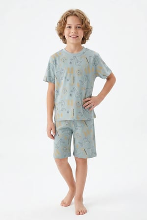 İSOB Timsah Desenli %100 Pamuk Erkek Çocuk Şortlu Pijama Takımı 3-13 Yaş 9100125-9120123