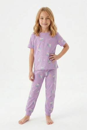 İSOB Unicorn Desenli %100 Pamuk Kız Çocuk Kısa Kollu Pijama Takımı 3-13 Yaş 9100129-9120117