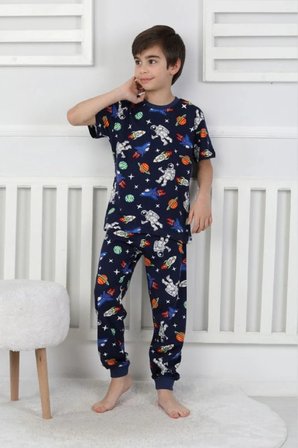 İSOB Lacivert Uzay Desenli %100 Pamuk Erkek Çocuk Kısa Kollu Pijama Takımı 3-13 Yaş 9110120-9130123
