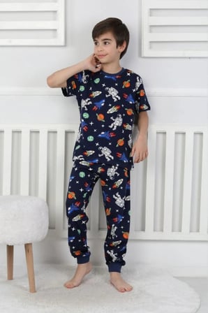 İSOB Lacivert Uzay Desenli %100 Pamuk Erkek Çocuk Kısa Kollu Pijama Takımı 3-13 Yaş 9110120-9130123