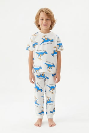 İSOB Dinozor Desenli %100 Pamuk Erkek Çocuk Kısa Kollu Pijama Takımı 3-8 Yaş 9110125