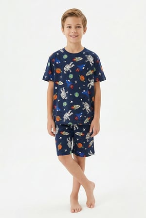İSOB Astronot Desenli %100 Pamuk Erkek Çocuk Şortlu Pijama Takımı 3-13 Yaş 9110133-9130120