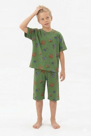 İSOB İş Makineleri Desenli %100 Pamuk Erkek Çocuk Şortlu Pijama Takımı 3-13 Yaş 9110136-9130124
