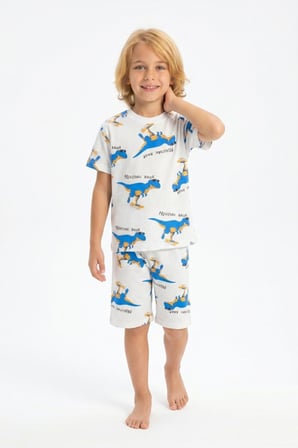 İSOB Dinozor Desenli %100 Pamuk Erkek Çocuk Şortlu Pijama Takımı 3-8 Yaş 9110137
