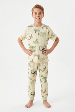 İSOB Dinozor Desenli %100 Pamuk Erkek Çocuk Kısa Kollu Pijama Takımı 8-13 Yaş 9130113