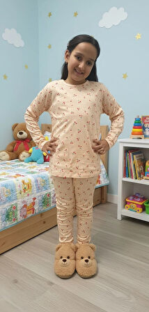 YAĞMUR Somon Kiraz Desenli %100 Pamuk Fitilli Kumaş Kız Çocuk Pijama Takımı 1-12 Yaş 1005