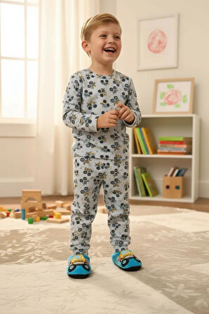 YAĞMUR Balıklı Traktör Desenli %100 Pamuk Fitilli Kumaş Erkek Çocuk Pijama Takımı 3-12 Yaş 1007