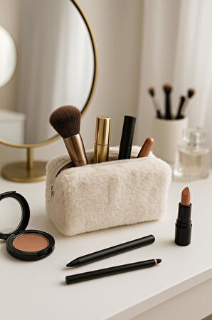 Peluş Yumuşacık Makyaj Çantası - Kozmetik Organizeri Ekru