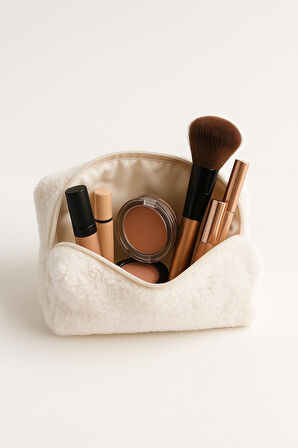 Peluş Yumuşacık Makyaj Çantası - Kozmetik Organizeri Ekru